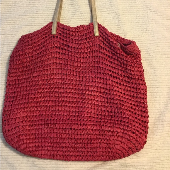 Woven Large Pink, straw bag, tote, gold handles - Picture 3 of 7